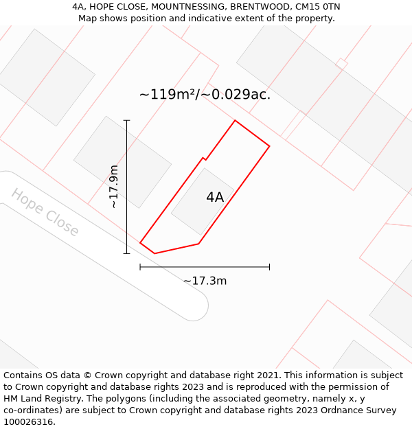 4A, HOPE CLOSE, MOUNTNESSING, BRENTWOOD, CM15 0TN: Plot and title map