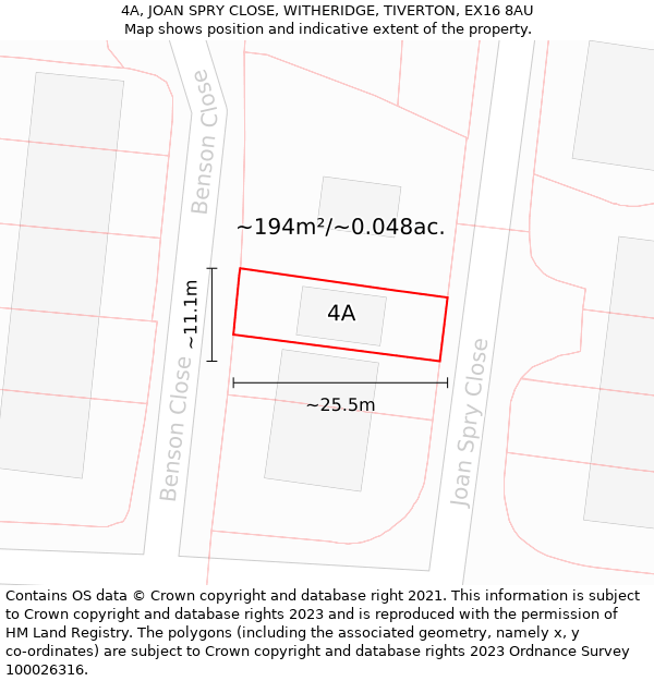 4A, JOAN SPRY CLOSE, WITHERIDGE, TIVERTON, EX16 8AU: Plot and title map