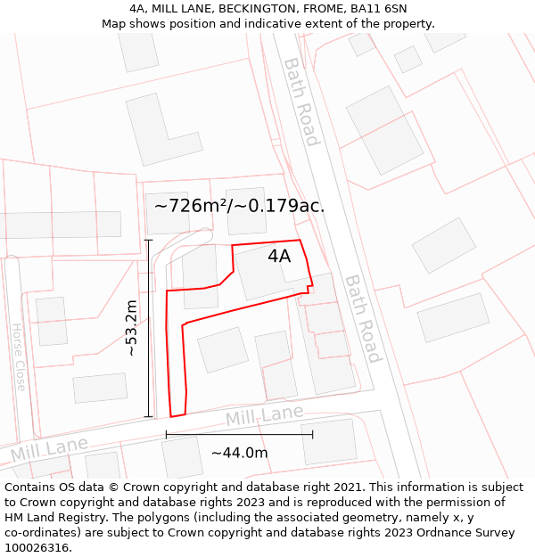 4A, MILL LANE, BECKINGTON, FROME, BA11 6SN: Plot and title map