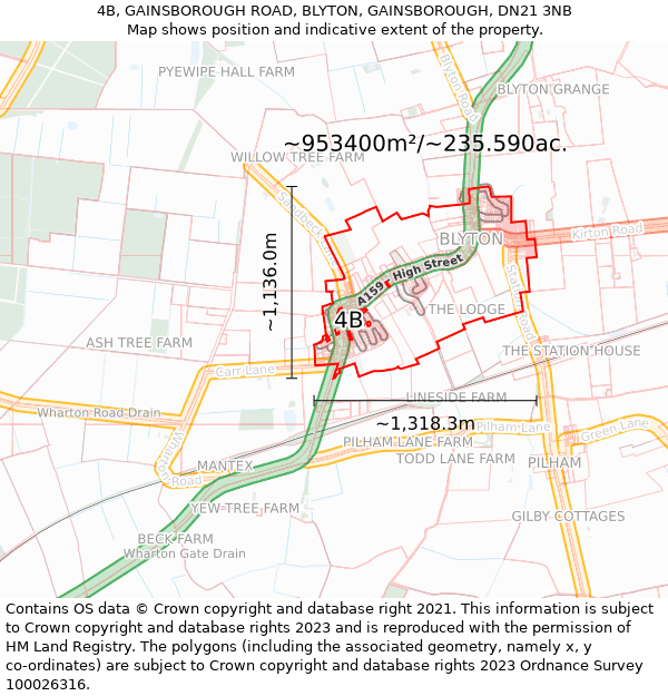 4B, GAINSBOROUGH ROAD, BLYTON, GAINSBOROUGH, DN21 3NB: Plot and title map