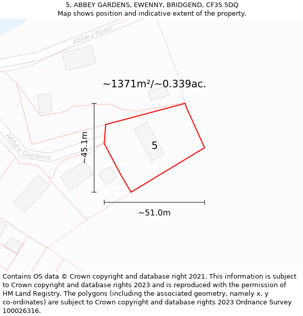 5, ABBEY GARDENS, EWENNY, BRIDGEND, CF35 5DQ: Plot and title map