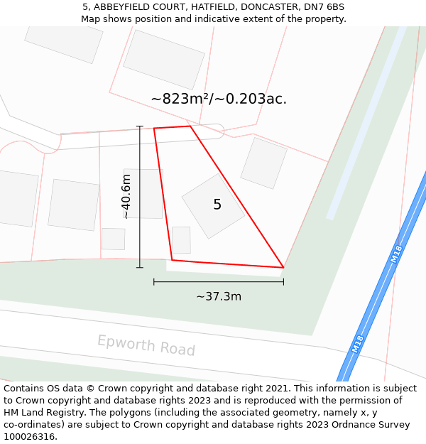 5, ABBEYFIELD COURT, HATFIELD, DONCASTER, DN7 6BS: Plot and title map