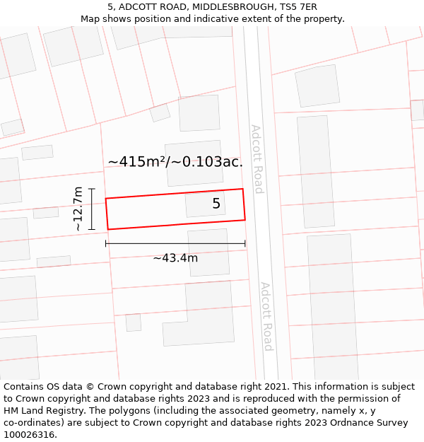 5, ADCOTT ROAD, MIDDLESBROUGH, TS5 7ER: Plot and title map