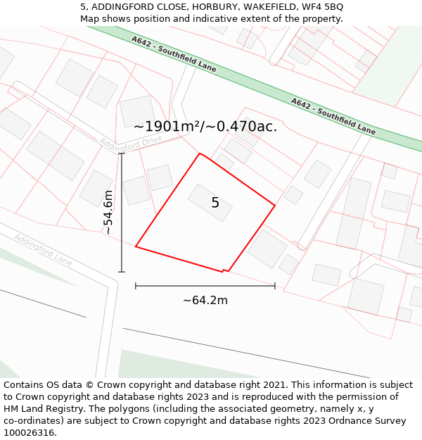 5, ADDINGFORD CLOSE, HORBURY, WAKEFIELD, WF4 5BQ: Plot and title map