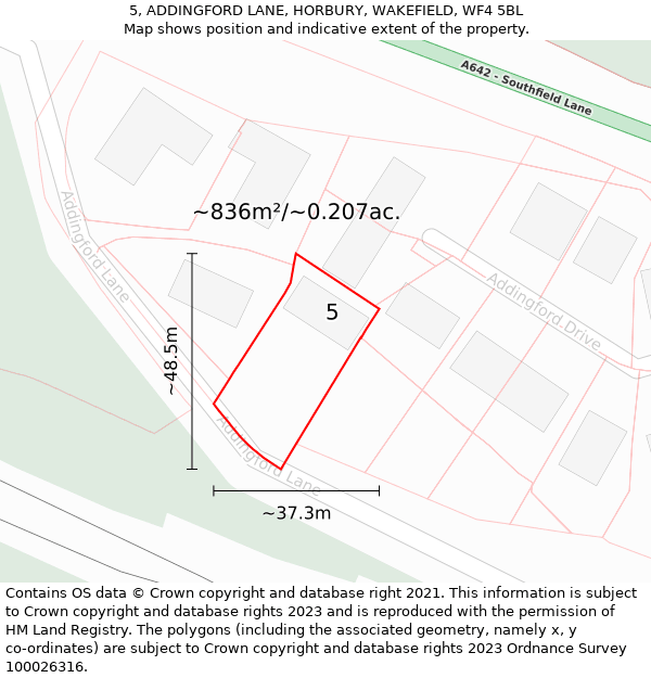 5, ADDINGFORD LANE, HORBURY, WAKEFIELD, WF4 5BL: Plot and title map