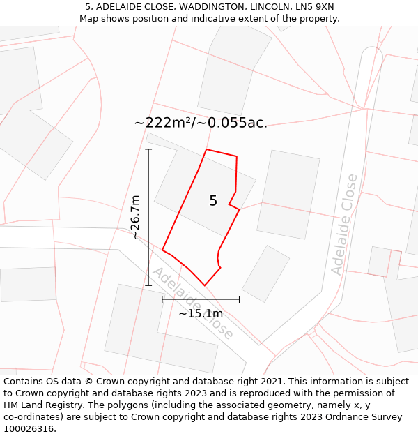 5, ADELAIDE CLOSE, WADDINGTON, LINCOLN, LN5 9XN: Plot and title map