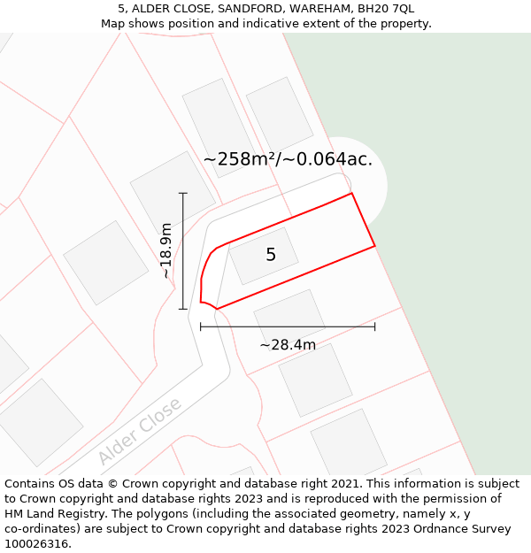 5, ALDER CLOSE, SANDFORD, WAREHAM, BH20 7QL: Plot and title map