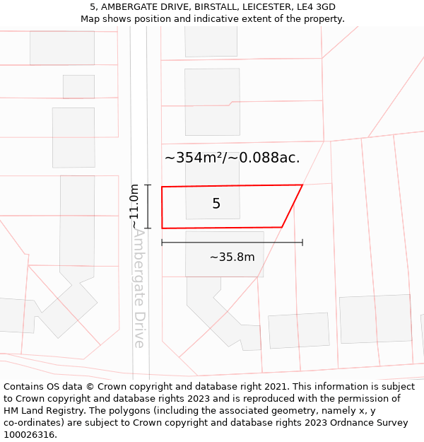 5, AMBERGATE DRIVE, BIRSTALL, LEICESTER, LE4 3GD: Plot and title map