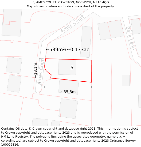 5, AMES COURT, CAWSTON, NORWICH, NR10 4QD: Plot and title map