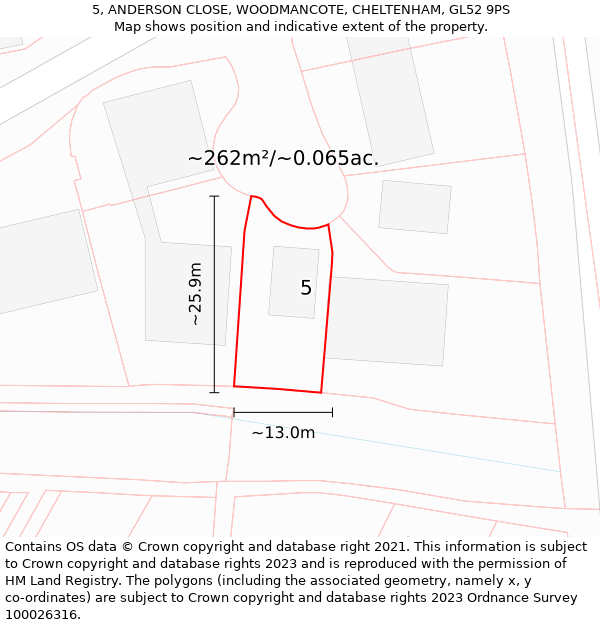 5, ANDERSON CLOSE, WOODMANCOTE, CHELTENHAM, GL52 9PS: Plot and title map