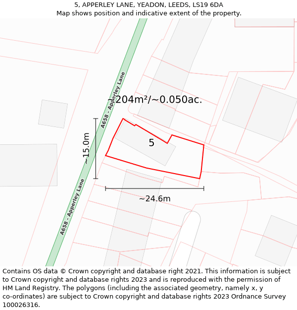 5, APPERLEY LANE, YEADON, LEEDS, LS19 6DA: Plot and title map