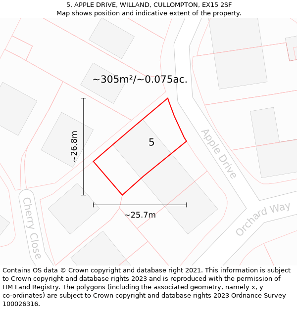 5, APPLE DRIVE, WILLAND, CULLOMPTON, EX15 2SF: Plot and title map