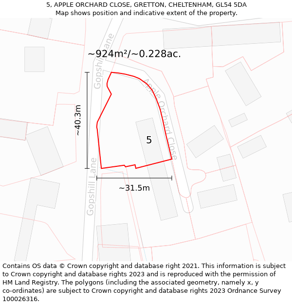 5, APPLE ORCHARD CLOSE, GRETTON, CHELTENHAM, GL54 5DA: Plot and title map