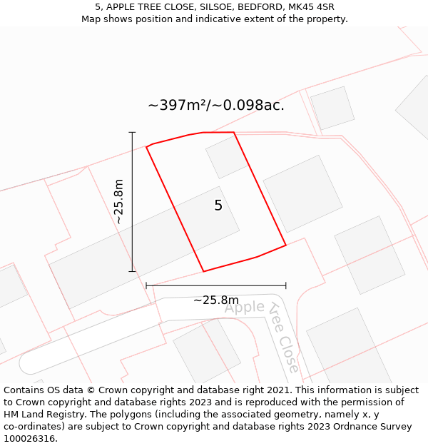 5, APPLE TREE CLOSE, SILSOE, BEDFORD, MK45 4SR: Plot and title map