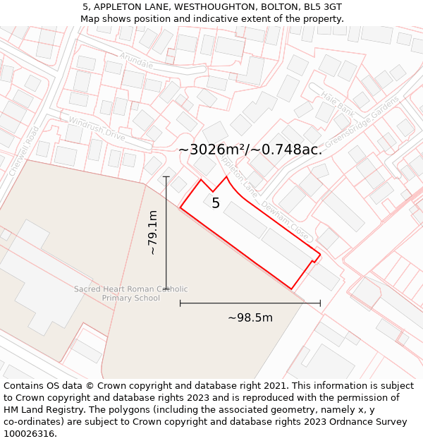 5, APPLETON LANE, WESTHOUGHTON, BOLTON, BL5 3GT: Plot and title map