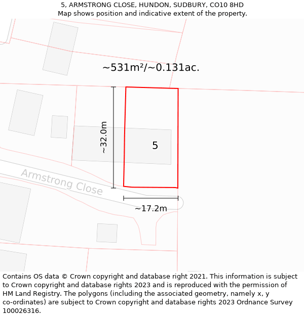 5, ARMSTRONG CLOSE, HUNDON, SUDBURY, CO10 8HD: Plot and title map