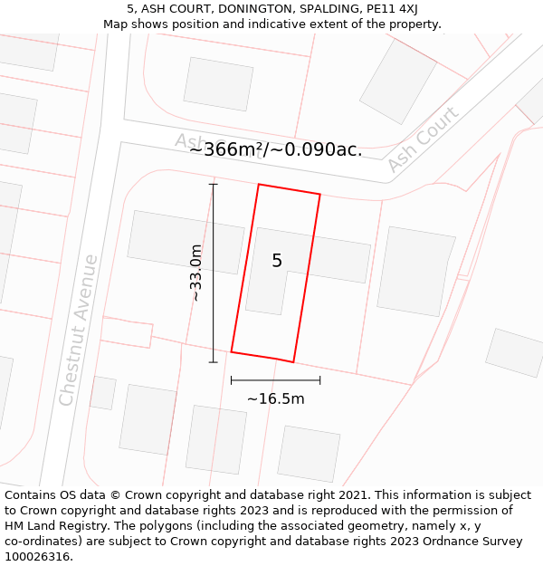 5, ASH COURT, DONINGTON, SPALDING, PE11 4XJ: Plot and title map