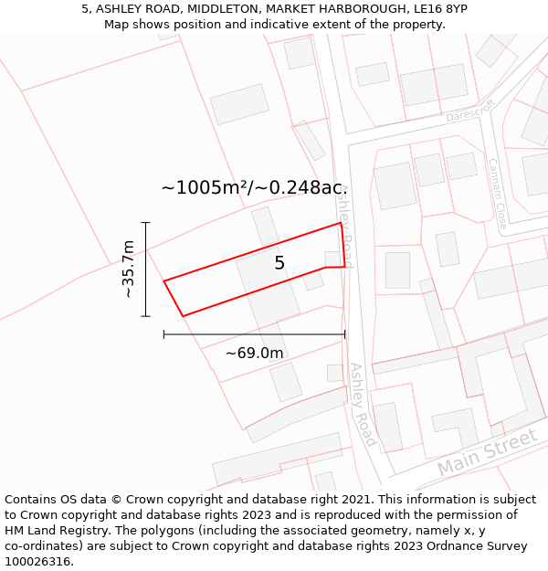 5, ASHLEY ROAD, MIDDLETON, MARKET HARBOROUGH, LE16 8YP: Plot and title map