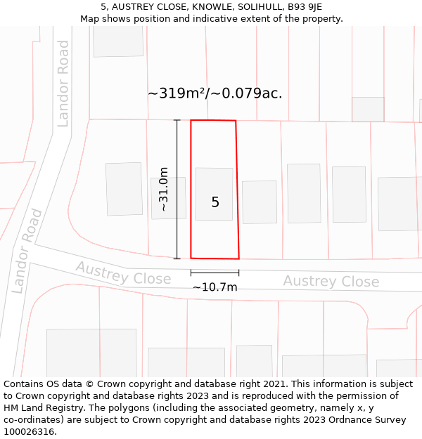 5, AUSTREY CLOSE, KNOWLE, SOLIHULL, B93 9JE: Plot and title map