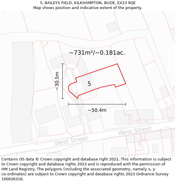 5, BAILEYS FIELD, KILKHAMPTON, BUDE, EX23 9QE: Plot and title map