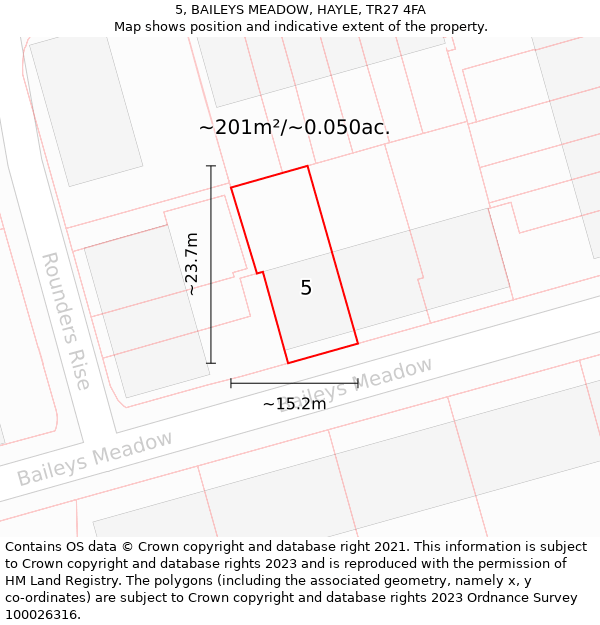 5, BAILEYS MEADOW, HAYLE, TR27 4FA: Plot and title map