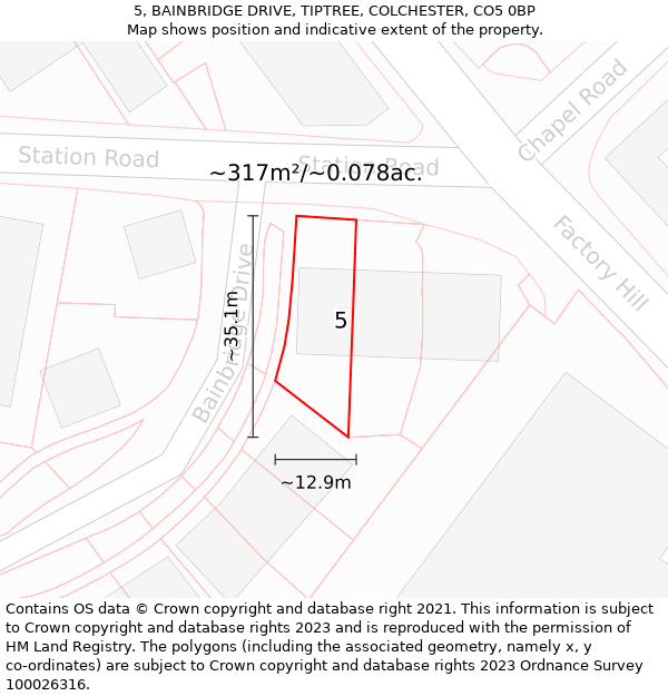 5, BAINBRIDGE DRIVE, TIPTREE, COLCHESTER, CO5 0BP: Plot and title map