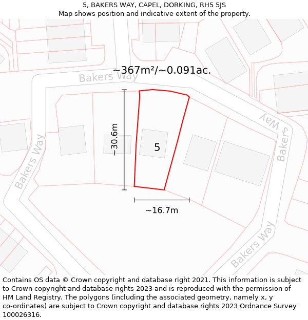 5, BAKERS WAY, CAPEL, DORKING, RH5 5JS: Plot and title map