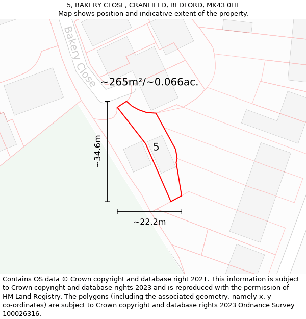 5, BAKERY CLOSE, CRANFIELD, BEDFORD, MK43 0HE: Plot and title map