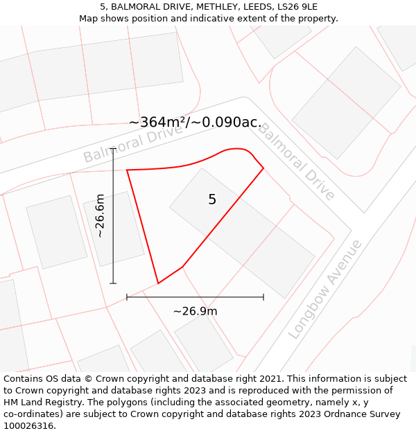 5, BALMORAL DRIVE, METHLEY, LEEDS, LS26 9LE: Plot and title map