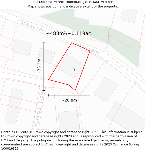 5, BANKSIDE CLOSE, UPPERMILL, OLDHAM, OL3 6JT: Plot and title map