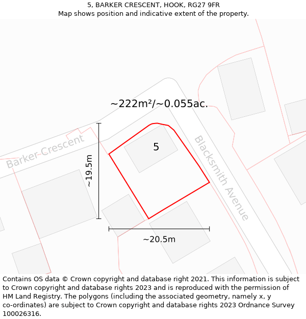 5, BARKER CRESCENT, HOOK, RG27 9FR: Plot and title map