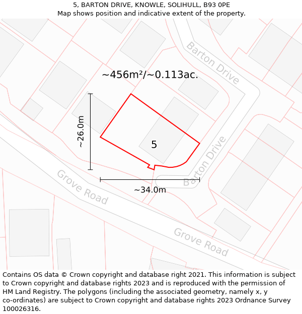 5, BARTON DRIVE, KNOWLE, SOLIHULL, B93 0PE: Plot and title map