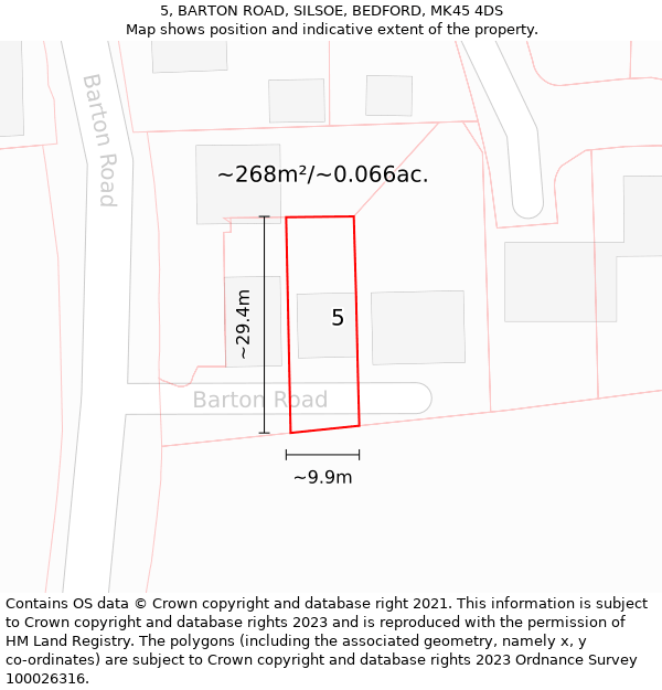 5, BARTON ROAD, SILSOE, BEDFORD, MK45 4DS: Plot and title map