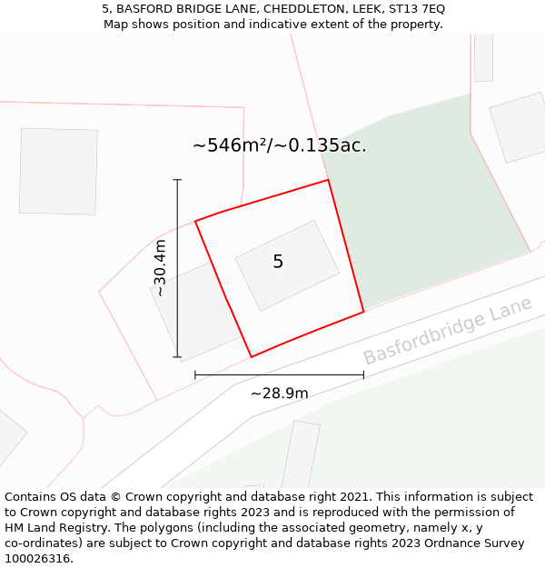 5, BASFORD BRIDGE LANE, CHEDDLETON, LEEK, ST13 7EQ: Plot and title map