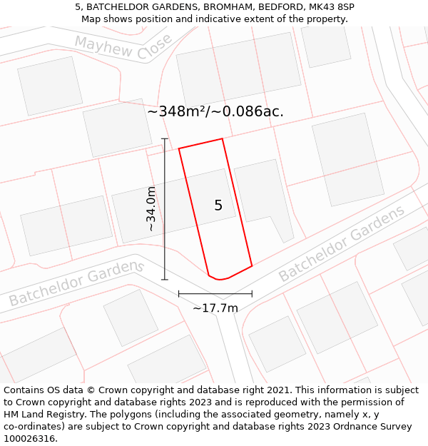 5, BATCHELDOR GARDENS, BROMHAM, BEDFORD, MK43 8SP: Plot and title map