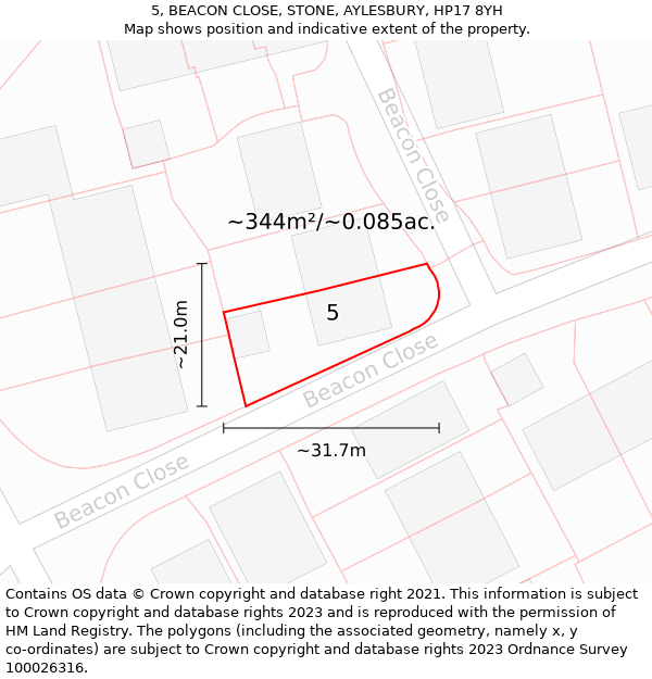 5, BEACON CLOSE, STONE, AYLESBURY, HP17 8YH: Plot and title map