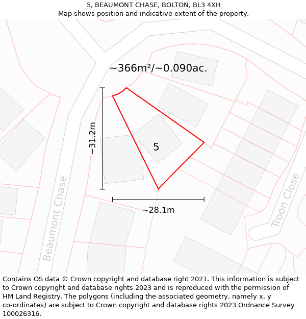 5, BEAUMONT CHASE, BOLTON, BL3 4XH: Plot and title map