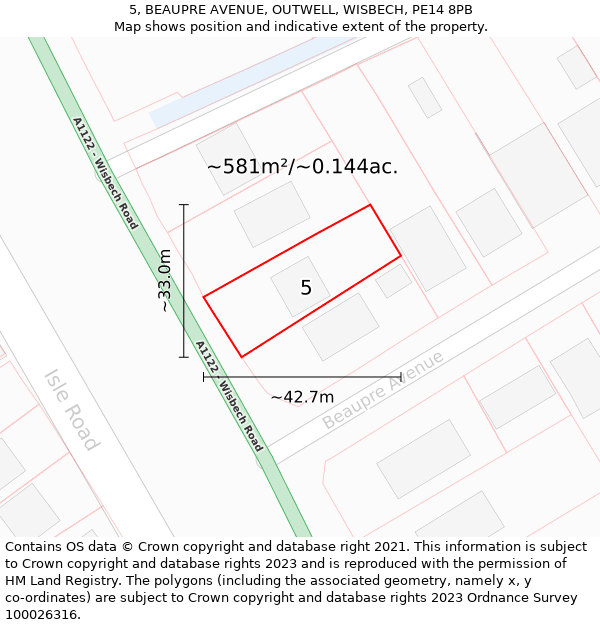 5, BEAUPRE AVENUE, OUTWELL, WISBECH, PE14 8PB: Plot and title map