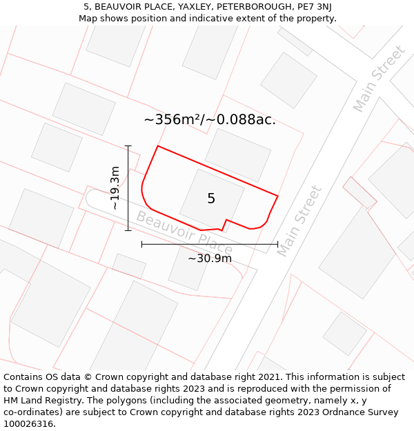 5, BEAUVOIR PLACE, YAXLEY, PETERBOROUGH, PE7 3NJ: Plot and title map