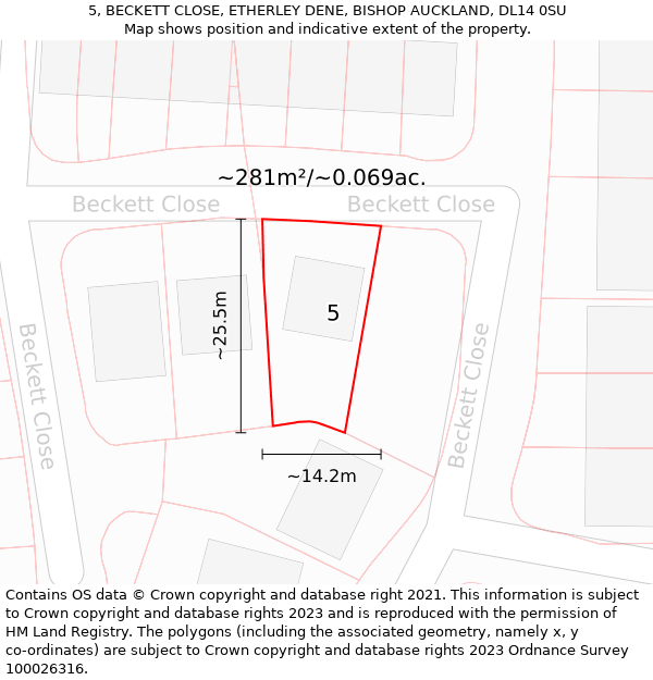 5, BECKETT CLOSE, ETHERLEY DENE, BISHOP AUCKLAND, DL14 0SU: Plot and title map