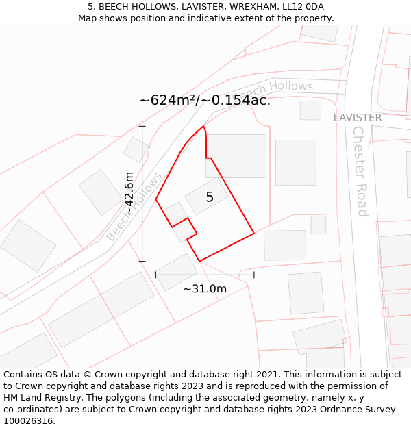 5, BEECH HOLLOWS, LAVISTER, WREXHAM, LL12 0DA: Plot and title map