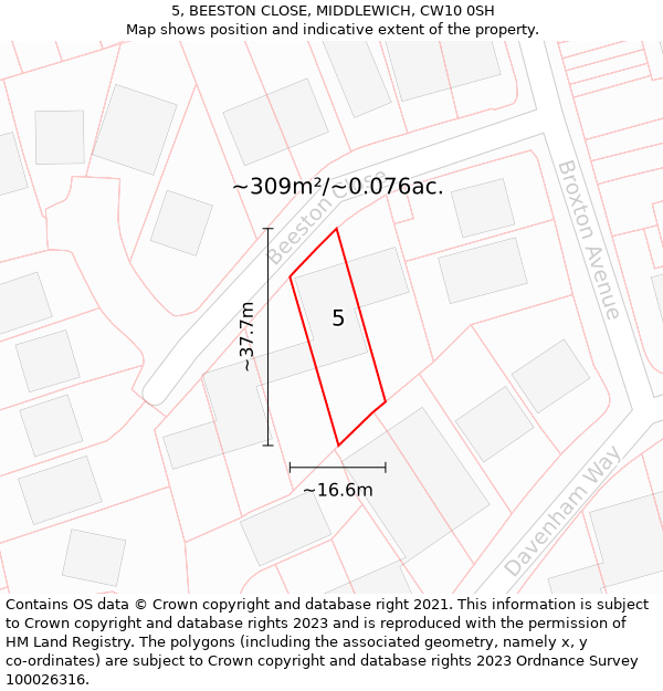 5, BEESTON CLOSE, MIDDLEWICH, CW10 0SH: Plot and title map