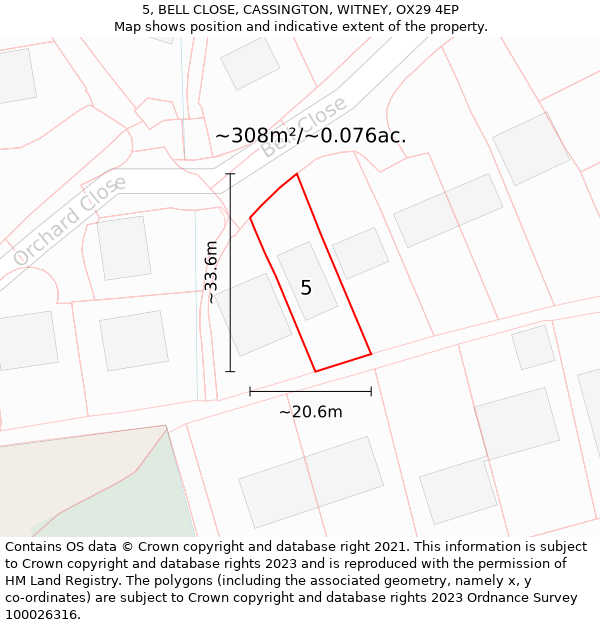 5, BELL CLOSE, CASSINGTON, WITNEY, OX29 4EP: Plot and title map