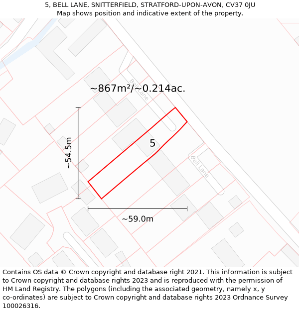 5, BELL LANE, SNITTERFIELD, STRATFORD-UPON-AVON, CV37 0JU: Plot and title map