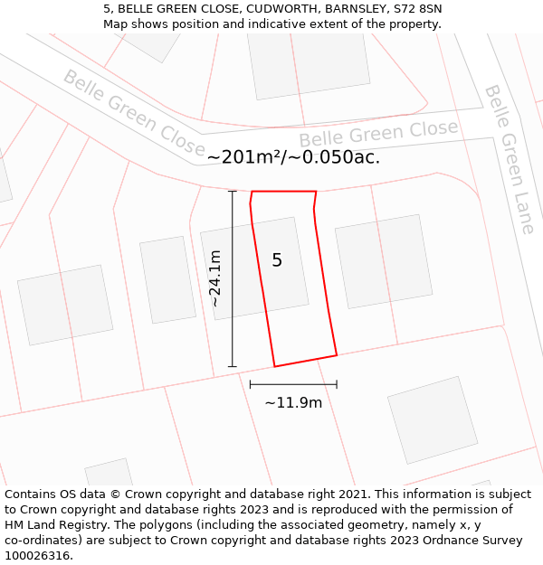 5, BELLE GREEN CLOSE, CUDWORTH, BARNSLEY, S72 8SN: Plot and title map