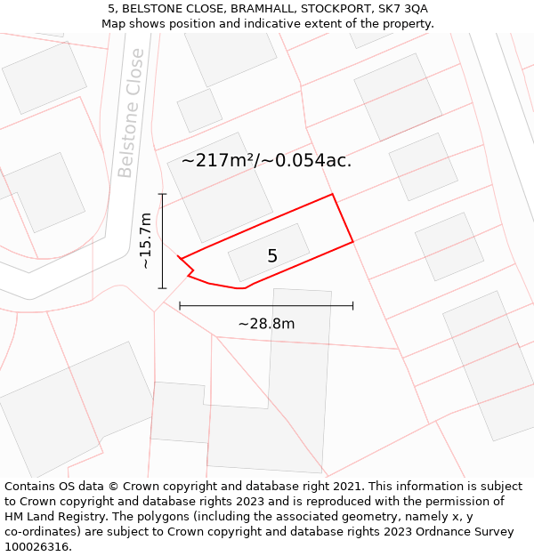 5, BELSTONE CLOSE, BRAMHALL, STOCKPORT, SK7 3QA: Plot and title map