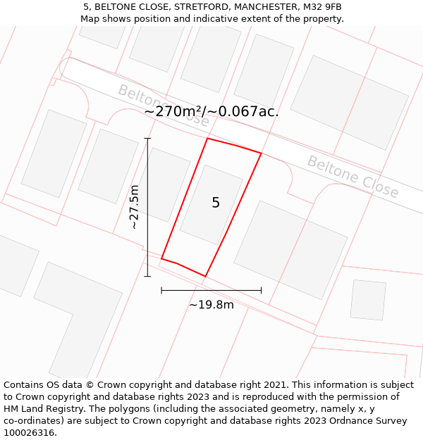 5, BELTONE CLOSE, STRETFORD, MANCHESTER, M32 9FB: Plot and title map