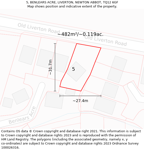 5, BENLEARS ACRE, LIVERTON, NEWTON ABBOT, TQ12 6GF: Plot and title map