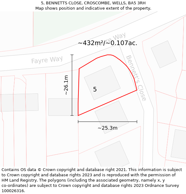 5, BENNETTS CLOSE, CROSCOMBE, WELLS, BA5 3RH: Plot and title map