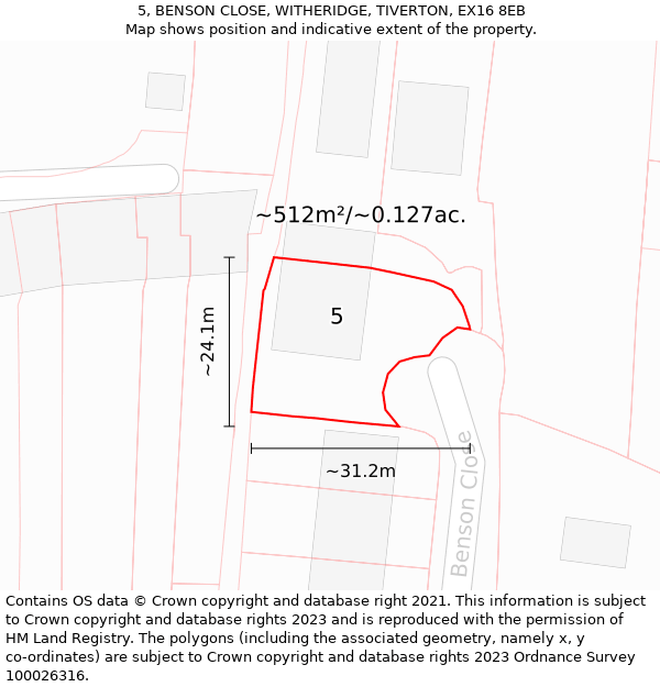 5, BENSON CLOSE, WITHERIDGE, TIVERTON, EX16 8EB: Plot and title map